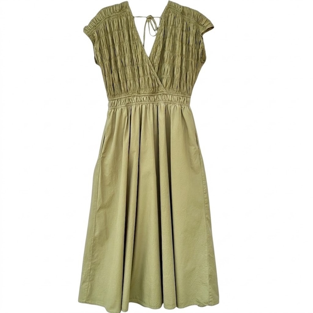 THML Olive Green Smocked Bodice Midi Dress V-Neck Cap Sleeve Pockets Large
